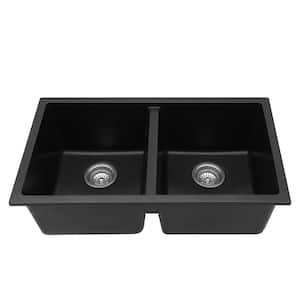 Loile 33 in. L Undermount Double Bowl Black Granite Composite Kitchen Sink with Grid, Strainer and Rack