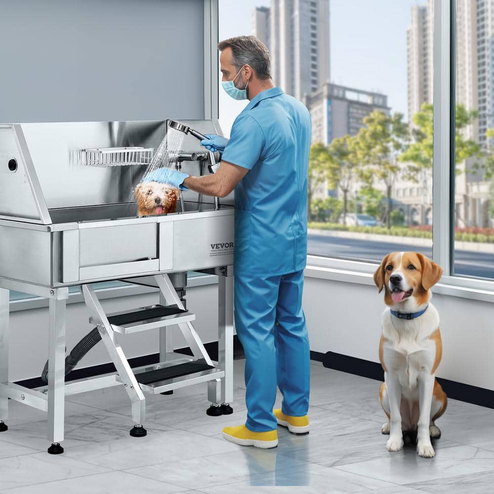 34-Inch Stainless Steel Pet Bath Tub with Ramp and Drawer