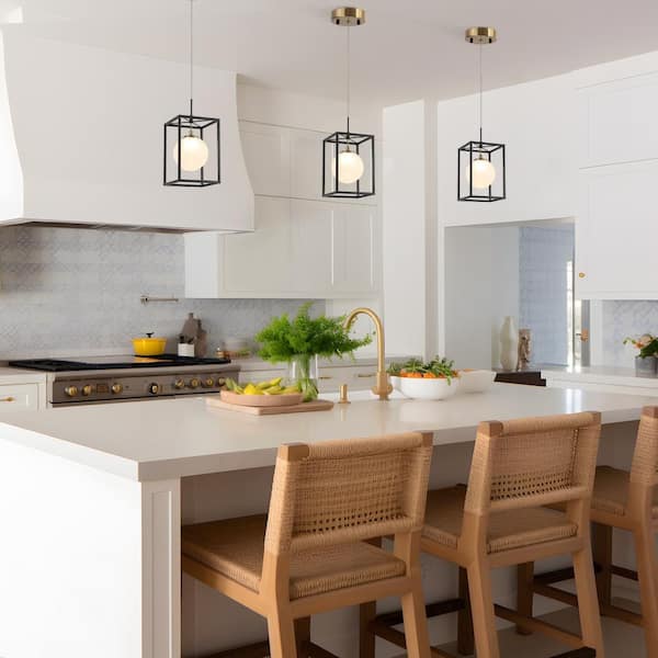 Classic 1-Light Integrated LED Black Pendant Light, Frosted Glass Globe Pendant Hanging Light, Brass Linear Chandelier