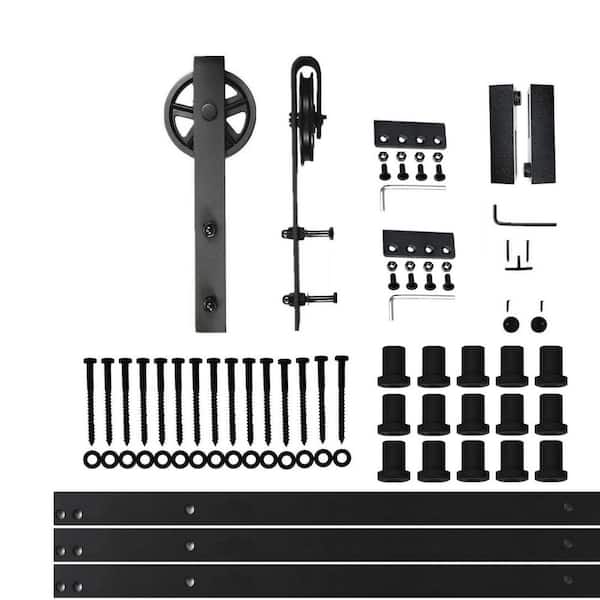 HOMACER 18 ft./216 in. Black Rustic Non-Bypass Sliding Barn Door Hardware Kit Spoke Wheel Design Roller for Single Door
