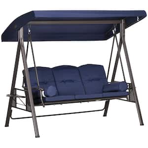 3-Person Metal Patio Swing with Blue Removable Cushion, Adjustable Canopy, Pillows and Side Trays