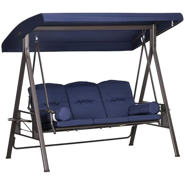 Outsunny 3-Person Metal Patio Swing with Blue Removable Cushion, Adjustable Canopy, Pillows and Side Trays