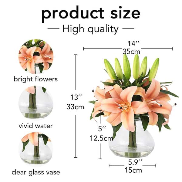 MOVECOM Realistic Artificial Lily Bouquet w/ Clear Glass Vase – 13