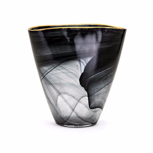 Benjara Black and Gold Freeform Shape Textured Glass Decorative Table Vase with Rim Opening