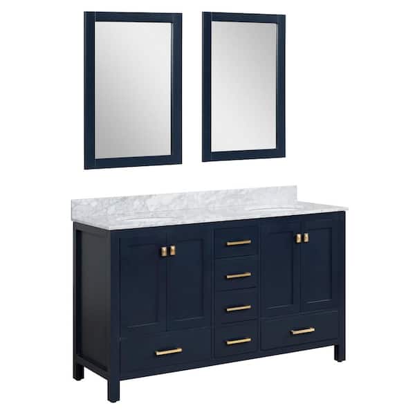 ANZZI 60 in. W x 22 in. D x 36 in. H Bath Vanity Set in Dark Blue with Vanity Top in White with 2-White Basins and Mirrors