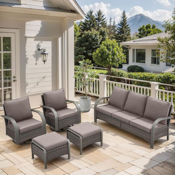 5-Piece Brown Wicker Patio Conversation Set with Gray Olefin Cushions and Swivel Glider Chairs/Ottomans/Couch