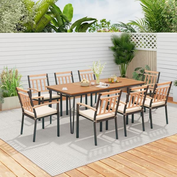 9-Piece Metal Outdoor Dining Set with Umbrella Hole and Off White Cushions