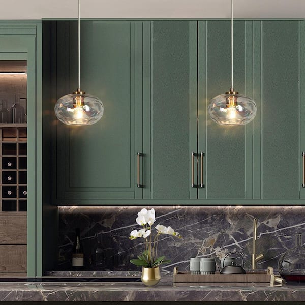 Chrysa Modern 1-Light Plated Brass Iridescent Glass Globe Pendant Light Kitchen Island Hanging Lantern with Clear Wire