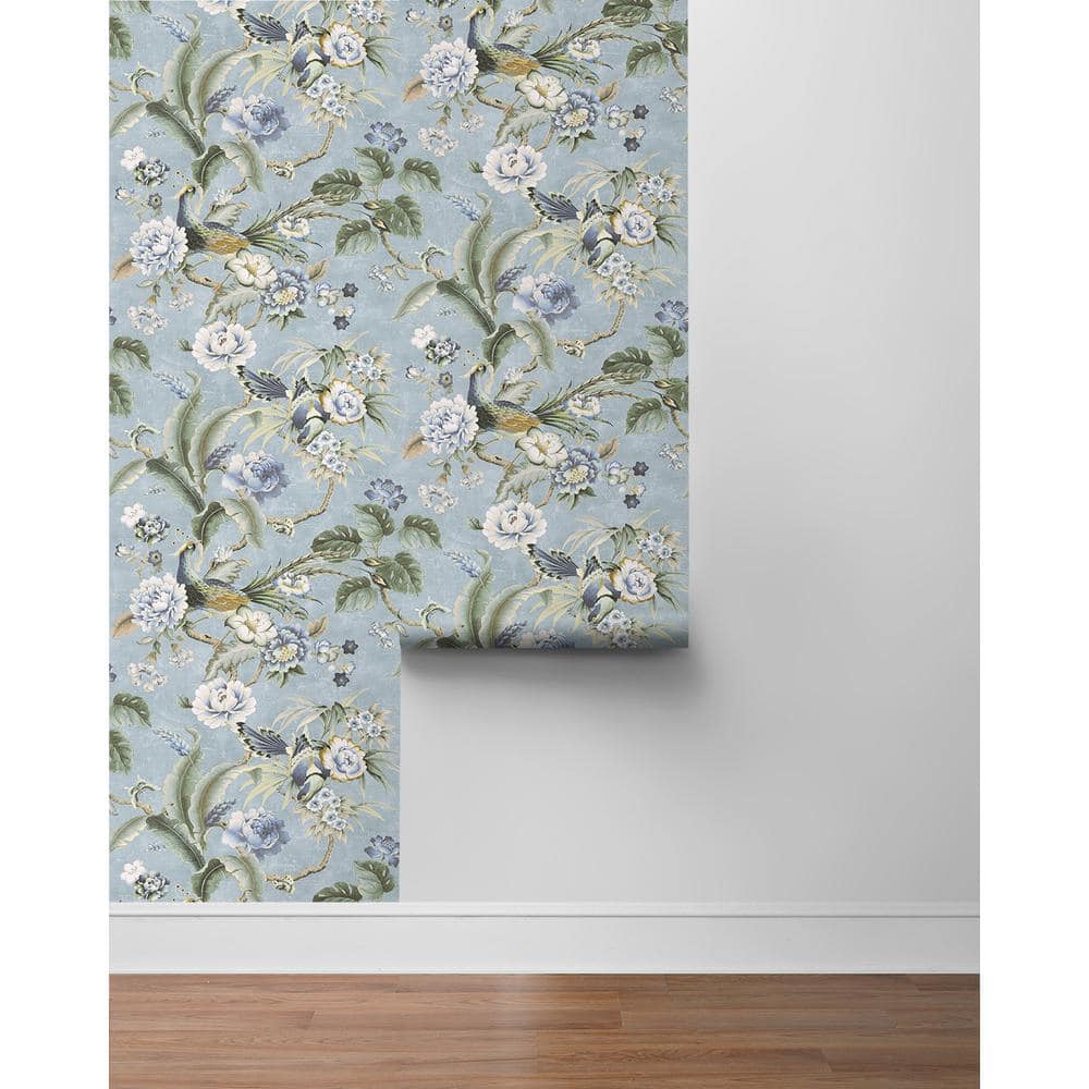 Blue and Charcoal Vinyl Floral Peel and Stick Wallpaper