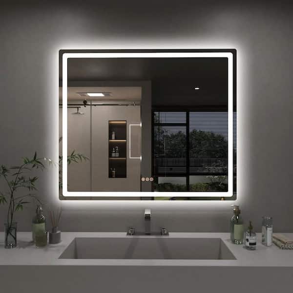 Eira 42 in. W x 36 in. H Round Corner Rectangular Frameless Wall Mount LED Bathroom Vanity Mirror in Polished Crystal