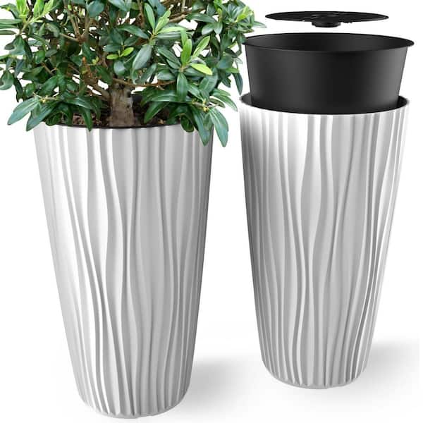 JANSKA 14 in. x 24 in. Toscana, Indoor/Outdoor Planter with Built-In Drainage, M-Resin, Large, White (2-Piece)