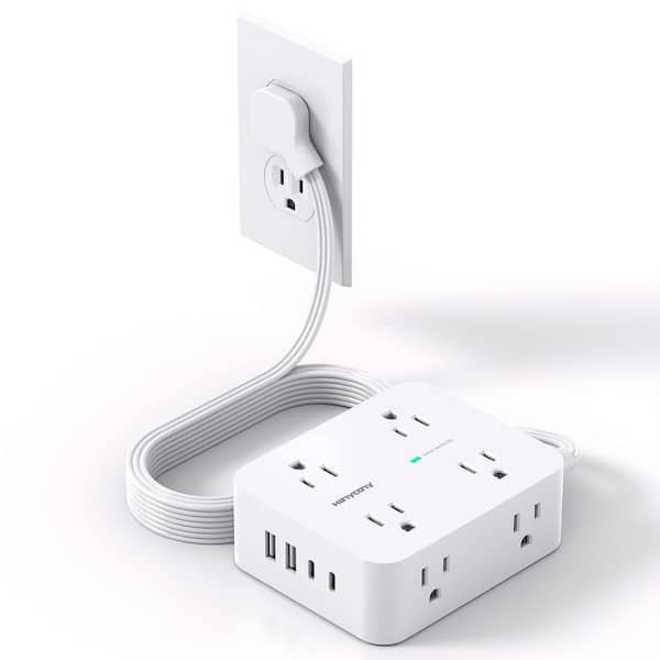 8-Outlet Power Strip Surge Protector with 4 USB Ports, 5 ft. Ultra Thin Flat Plug Extension Cord, White