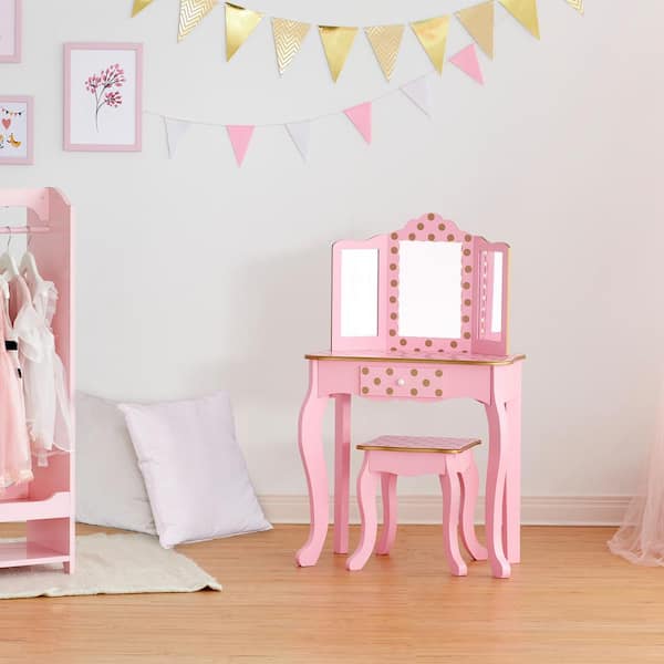 Depot LED Fields - Kids The Pink/Rose Fashion Home Polka Mirror with Set Vanity TD-11670LL Dot - Fantasy Gold Prints Play Teamson Gisele Light