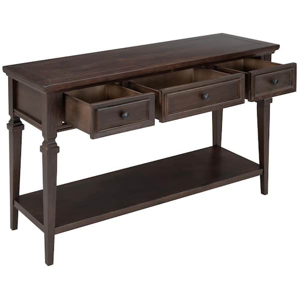 URTR 50 in.Espresso Rectangle Wood Console Table with 3 Top Drawers and Bottom Shelf for Living Room, Entryway, Hallway