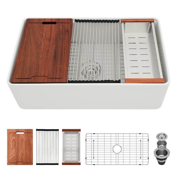 33 in. Farmhouse/Apron-Front Single Bowl White Ceramic Kitchen Sink with Bottom Grids