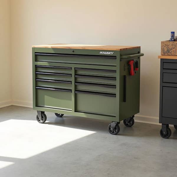46 in. W x 18.1 in. D 9-Drawer Army Green Mobile Workbench Cabinet with Solid Wood Top