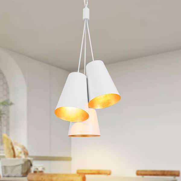 Plano 3-Light 14.2 in.W Matte White Pendant Light with Drum Metal Shade for Kitchen/Living Room