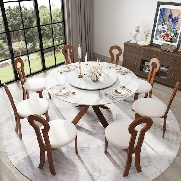Magic Home 59.05 in. White Lazy Susan Round Sintered Stone Tabletop with Pedestal Base Dining Table(Seats-8)