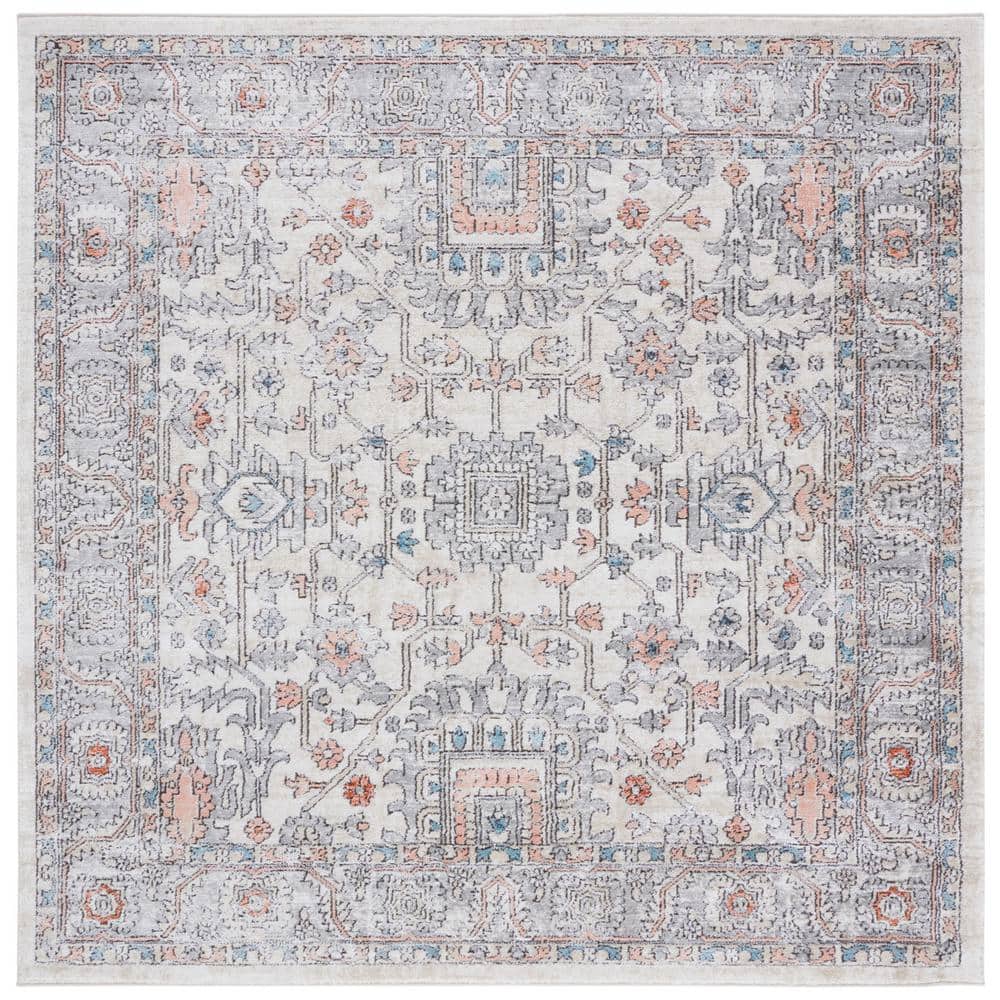 Ivory and Gray Synthetic Square Medallion Area Rug