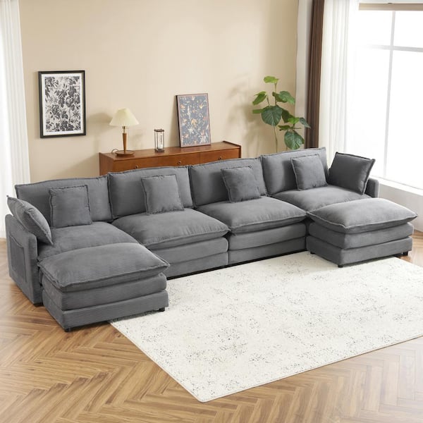 149.6 in Corduroy Modular Sectional Sofa in. Dark Gray with Pillows, Side Pockets, 2-Layer Seat Cushions, 2 Ottomans