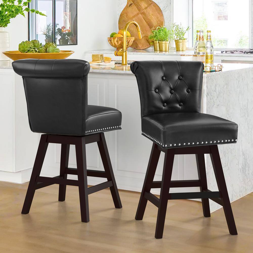 Black Faux Leather Swivel Counter Stool with Wood Legs