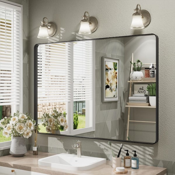 44 in. W x 30 in. H Rectangular Aluminum Alloy Framed and Tempered Glass Wall Bathroom Vanity Mirror in Matte Black