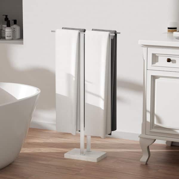 Bathroom Freestanding Towel Rack 37 in. H 2-Tier with Heavy Marble Base in Brushed Finish