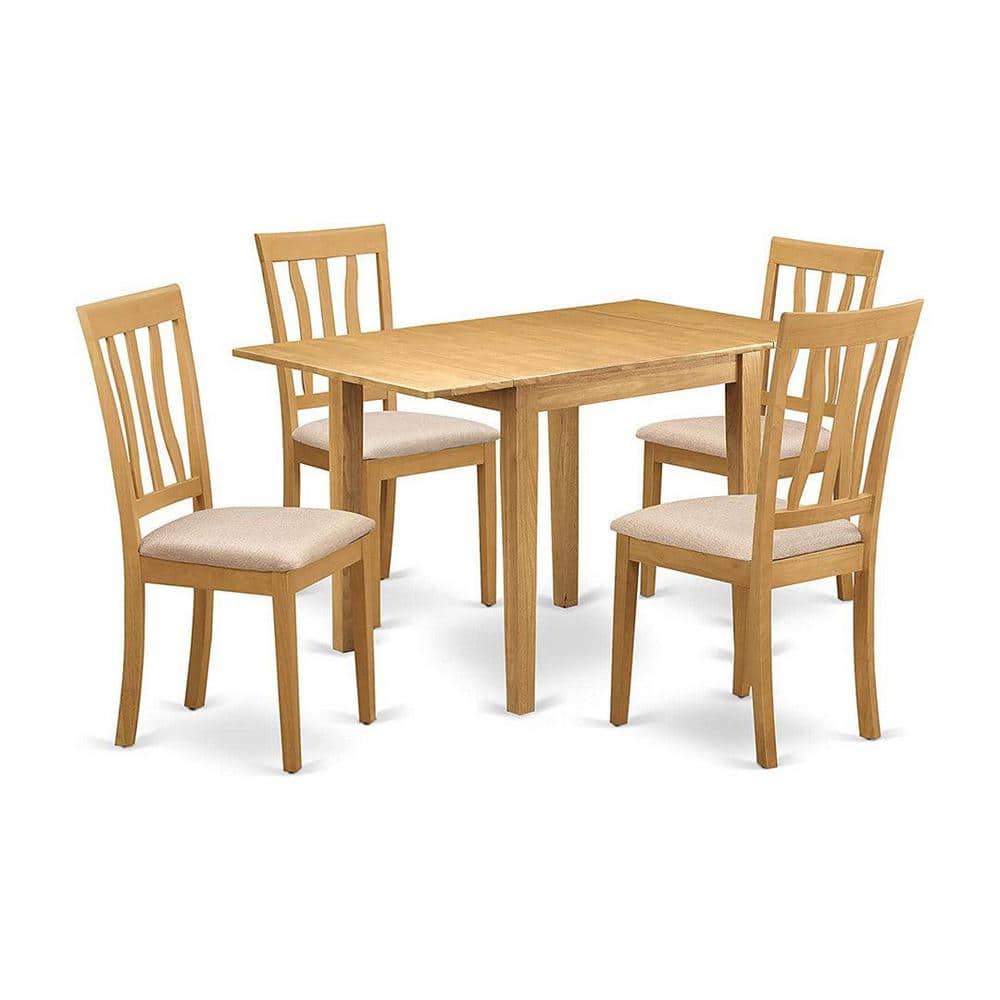 Natural Oak Finish Solid Wood Dining Set with Linen Upholstered Chairs