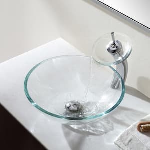 Single Hole Single-Handle Low-Arc Glass Waterfall Vessel Bathroom Faucet in Chrome with Glass Disk in Clear