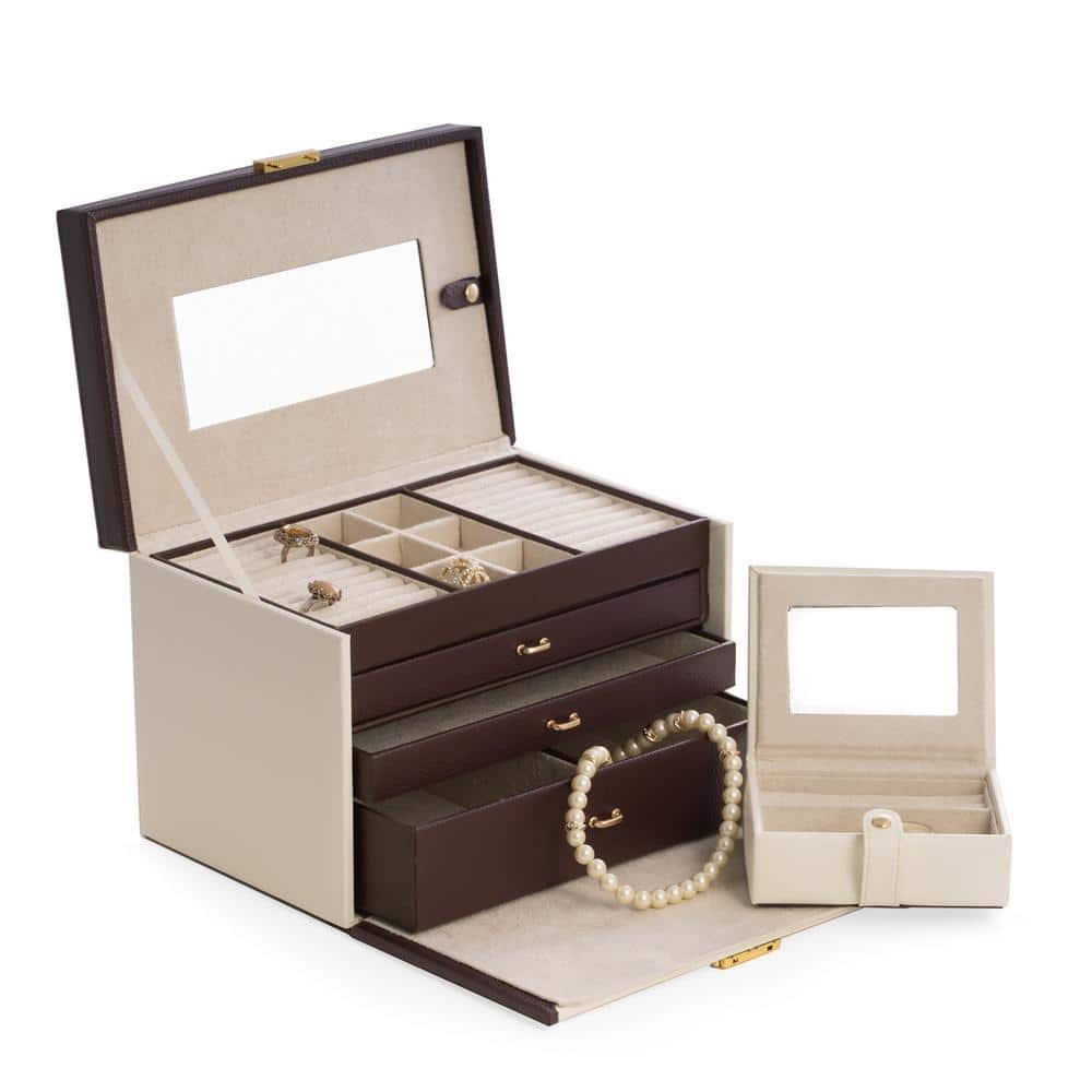 BEY-BERK Ivory and Brown Leather 4-Level Jewelry Box BB611IVR