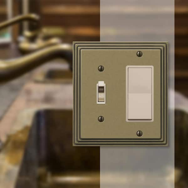 Tiered 2 Gang 1-Toggle and 1-Rocker Metal Wall Plate - Rustic Brass