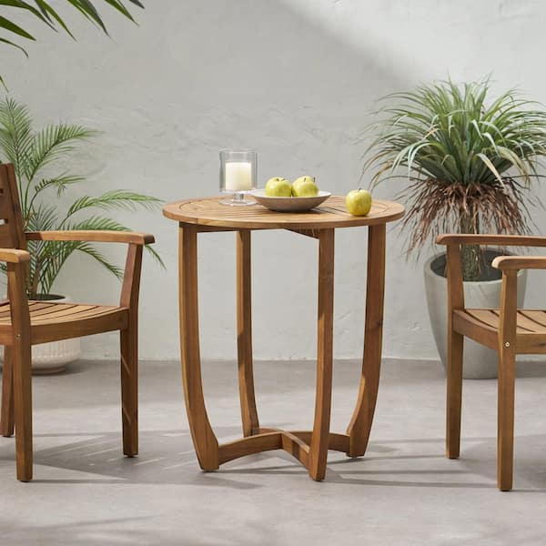 Harper & Bright Designs Teak Finish Round 100% Solid Wood Outdoor Side Table with Unique Slat Paneling
