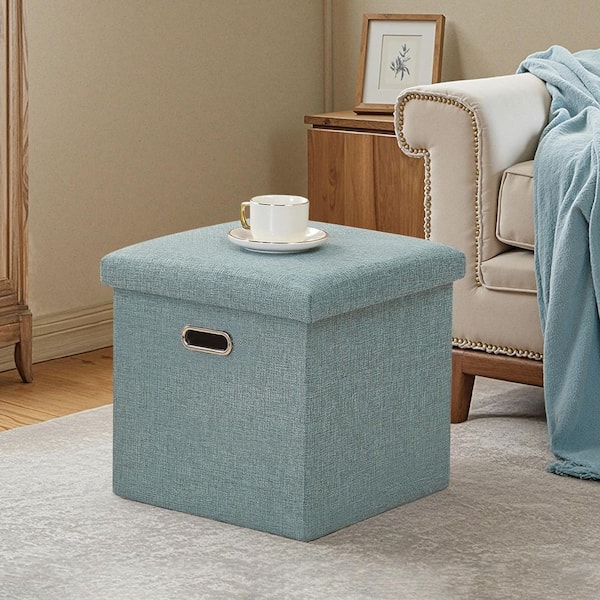 Small Storage Ottoman Cube 15", Green Foldable Linen Foot Rest with Lid and Hidden Storage for Bedroom, Living Room