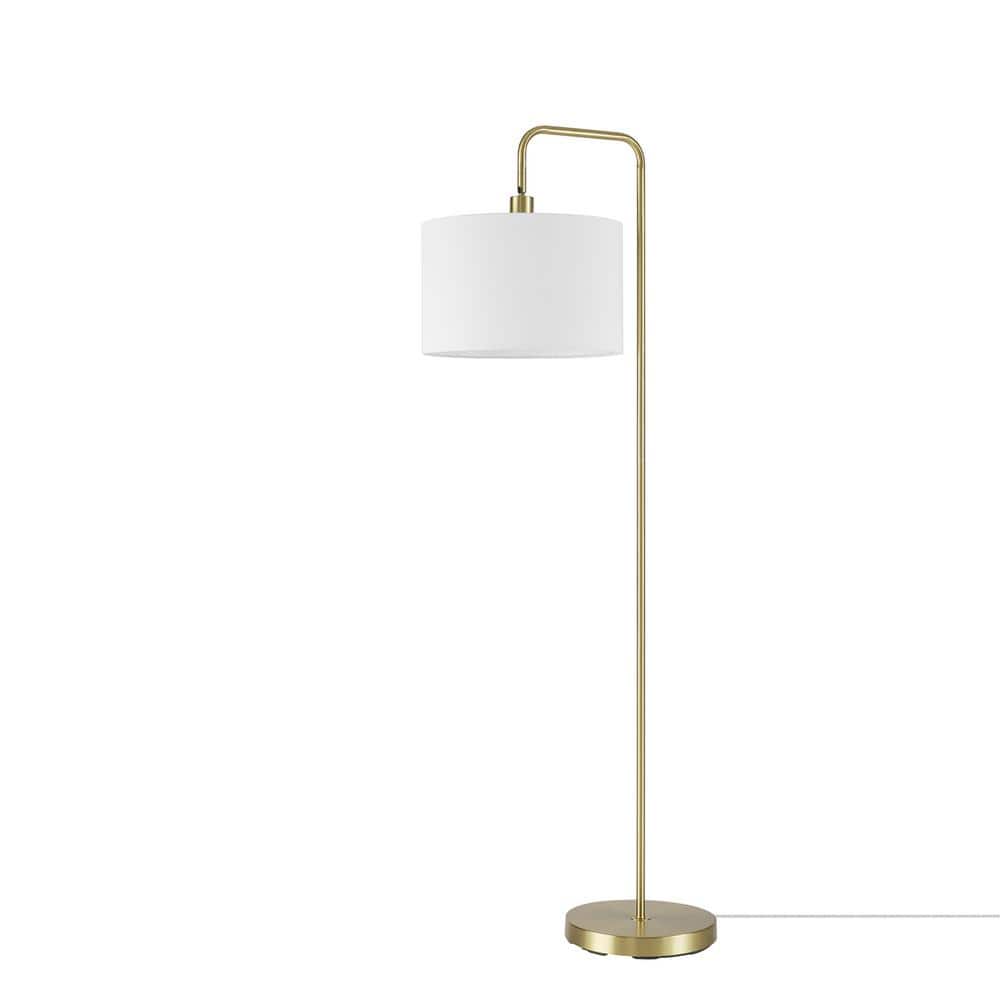 58" Brass Floor Lamp with White Linen Drum Shade