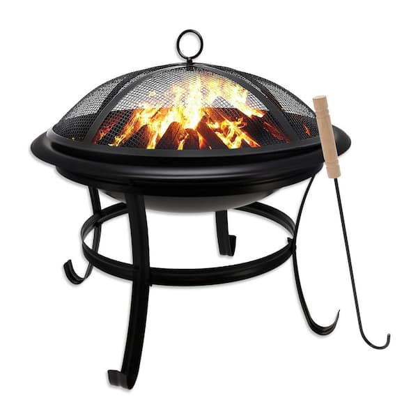 Unbranded 21.5 in. D x 21.5 in. W x 20 in. H Round Metal Wood Burning Fire Pit with Mesh Lid and Fire Picker