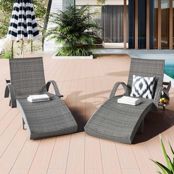 Unbranded Grey 2-Piece Wicker Outdoor Chaise Lounge Patio Reclining Lounge Chair with Adjustable Backrest and Pull-Out Side Table