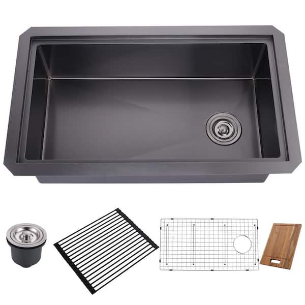 32 in. Drop-in/Undermount Single Bowl 18 Gauge Gunmetal Matte Black Stainless Steel Kitchen Sink with Bottom Grids