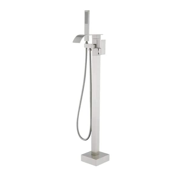 Single Handle Floor Mount Bathtub Faucet Freestanding Tub Filler Standing Shower Faucets with Handheld Shower in Nickel
