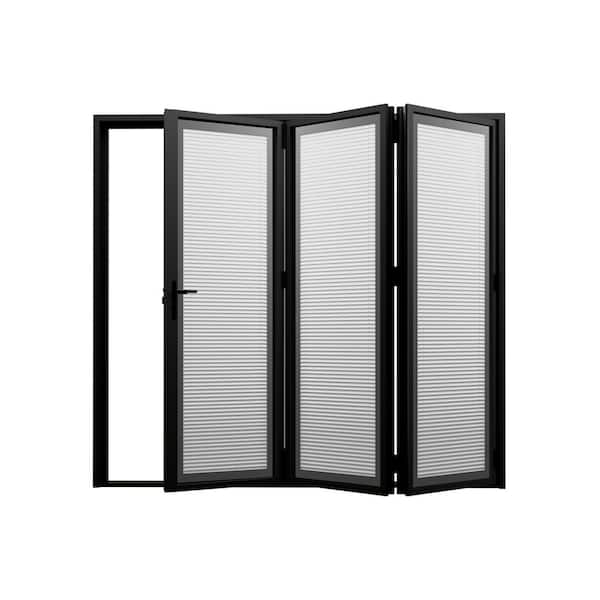 96 in. x 80 in. Left Opening/Outswing Double Tempered Glass Black Louver Aluminum Folding Patio Door