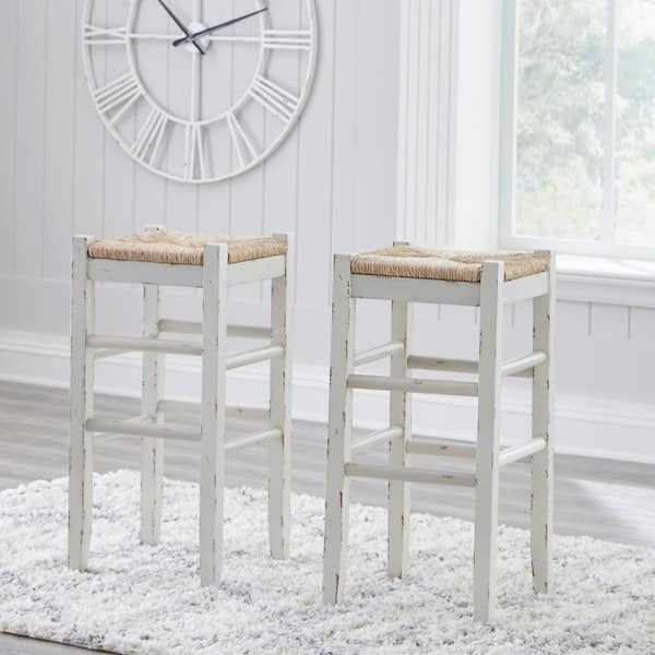 Mirimyn Distressed White / Light Brown Water Hyacinth Bar Height Bar Stool