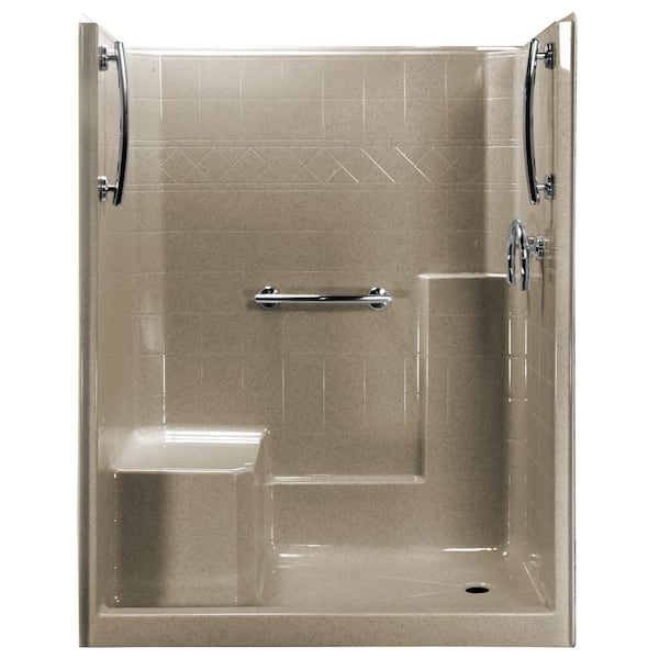 Ella 60 in. x 33 in. x 77 in. 1-Piece Low Threshold Shower Stall in Cotton Seed, Grab Bars, L-Seat, Right Drain