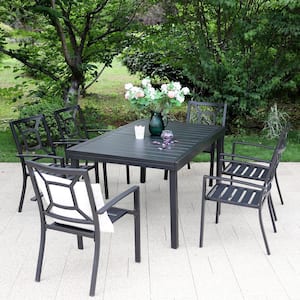 Black 7-Piece Metal Outdoor Patio Dining Set with Extendable Table and Fancy Stackable Chairs