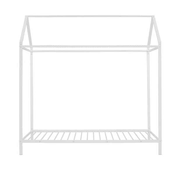 URTR Modern White Twin Size House Bed, Frame Metal Platform Bed with Roof, Kids Bed, Adjustable, No Box Spring Need