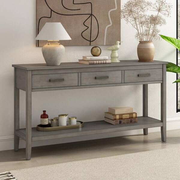 Harper Bright Designs 59.1 in. Gray Rectangle Wood Console Table with 3 Drawers and Bottom Shelf WYT129AAE