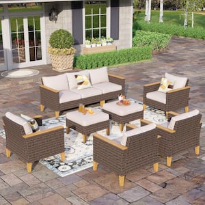 Brown Wicker Rattan 9 Seat 9-Piece Steel Patio Outdoor Sectional Set with Beige Cushions and 2 Ottomans