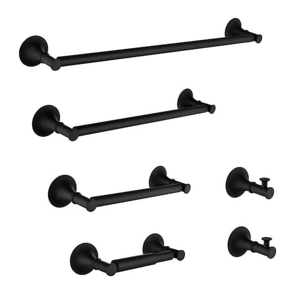 6-Piece Brass Bathroom Towel Rack Set with Wall Mount in Matte Black