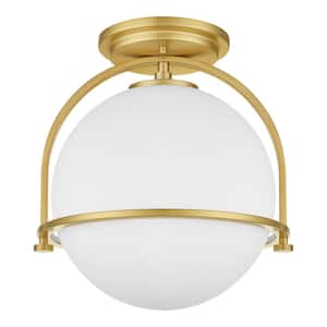 Owens 11.25 in. 1-Light Gold Semi-Flush Mount Ceiling Light Fixture with White Glass Globe Shade