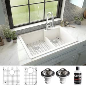 QT-811 Quartz/Granite 33 in. Double Bowl 60/40 Top Mount Drop-in Kitchen Sink in White with Bottom Grid and Strainer
