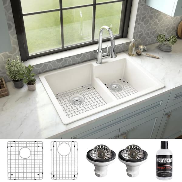 Karran QT-811 Quartz/Granite 33 in. Double Bowl 60/40 Top Mount Drop-in Kitchen Sink in White with Bottom Grid and Strainer