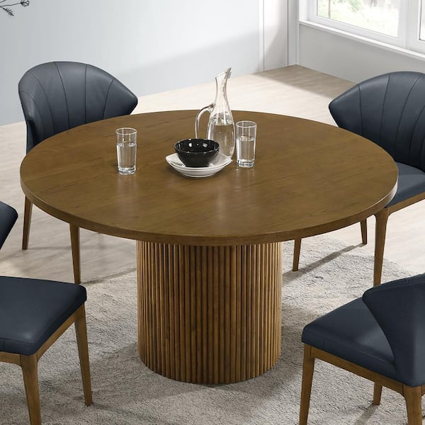 Acme Furniture Hezrai Walnut Finish Wood 53 in Pedestal Dining Table Seats  4 DN02895